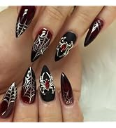 24 Pcs Goth Almond Press on Nails Halloween Fake Nails Black Red Gradient False Nails with Spider...