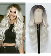 HMHIFI Long Platinum Blonde Wigs for Women 26inch Wavy Curly Middle Part Lace Wig Upgraded Protei...