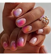 Spring Press on Nails Square Fake Nails Ombre Colorful Glue on Nails Short Nails Press ons White ...