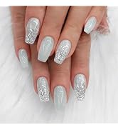 Coffin Press on Nails Short Cute Glitter Sequins Fake Nails Silver Glitter Acrylic Nails Press on...