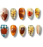 30Pcs Fall Press on Nails Short Almond Fake Nails with 3d Leaf Pumpkins Designs Reusable Thanksgi...
