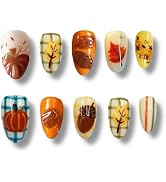 30Pcs Fall Press on Nails Short Almond Fake Nails with 3d Leaf Pumpkins Designs Reusable Thanksgi...