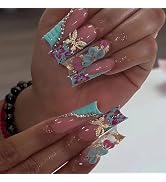 MISUD Press on Nails - Long Square Fake Nails with Blue Purple, Acrylic Butterfly Flower Design 2...