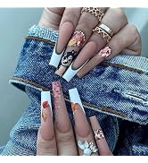 24 Pcs Fall French Tip Press on Nails Long Coffin Fake Nails with Squirrel Design Matte Full Cove...