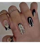 MISUD Medium Square Press on Nails Squoval Fake Nails Black French Tip Artificial Acrylic Nails G...