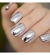24 Pcs Silver Chrome Press on Nails Short Medium Square Fake Nails with Glue Full Cover Artificia...