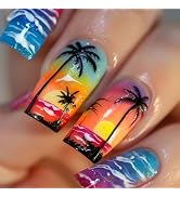 Summer Press on Nails Medium Fake Nails with Sea Waves & Coconut Palms Designs Glitter Nails Pres...