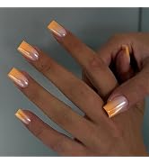 MISUD Press on Nails - Short Square Fake Nails with Orange Ombre, Acrylic Chrome Design 24 pcs
