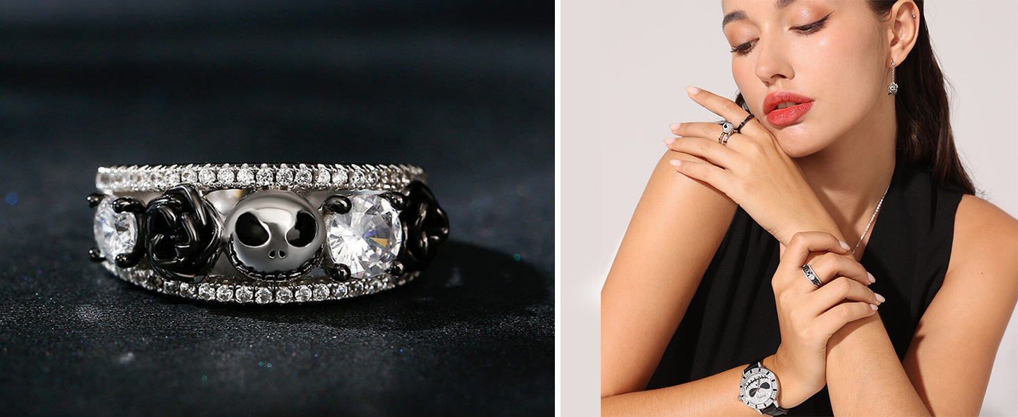 Jeulia Floral Design Round Cut Sterling Silver Skull Ring