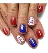 Independence Day Press on Nails Short Square Fake Nails with Fireworks Design Red Blue False Nail...
