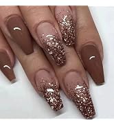 MISUD Press on Nails - Medium Coffin Glue on Nails with Fall Brown, Acrylic Atutumn Bling Glitter...