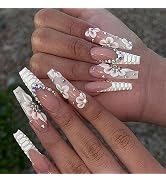 Long Press on Nails Coffin Fake Nails White Flower with Diamonds Glue on Nails Reusable Acrylic F...
