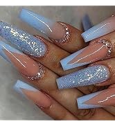 MISUD Long Coffin Press on Nails Ballerina Fake Nails Glossy Glue on Nails Blue French Tip Acryli...