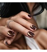 Brown Sparkling Press on Nails Square Medium Sparkling Acrylic Nails Shiny Glitter Brown with Des...
