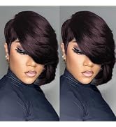 PurpleSexy Chic Short Layered Pixie Cut Wigs for Women Side Bang Black 99j Pixie Cut Wigs for Wom...