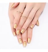 Stbisen Gold Press on Nails Short Square, Chrome Press on Nails, Fashion Gel Fake Nails, Reusable...