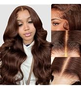 MUGOHK Brown Wear and Go Glueless Wigs Human Hair Pre Cut 24 Inch 9x6 Chocolate Brown Body Wave H...