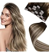 LaaVoo Human Hair Clip in Extensions Dark Brown Ombre Light Brown Mix Light Blonde Clip in Hair E...