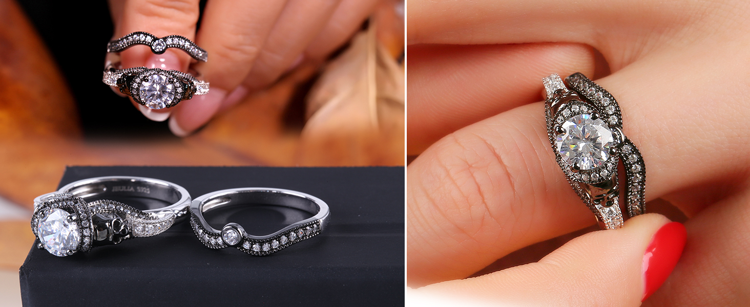 Twist Two Tone Round Cut Sterling Silver Skull Ring