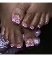 Pink French Tips Press on Toe Nails Short Square Stick on Toenails with Flower Charm Design Gloss...