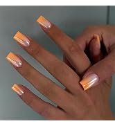 MERVF Press on Nails Medium Square, Orange Ombre French Tip Fake Nails, Chrome Glue ons Acrylic N...