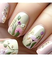 Short Press on Nails Square Fake Nails with Floral Designs Green Nails Press ons Pink Glue on Nai...