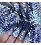 Long Press on Nails Coffin Dark Blue Gradient False Nails with White Flower Diamonds Design Glue ...