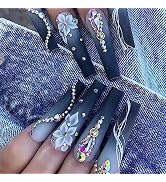 Long Press on Nails Coffin Dark Blue Gradient False Nails with White Flower Diamonds Design Glue ...