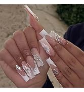 MISUD 24pcs Long Square Press-on Nails, Acrylic False Nails with White French Tip, 3D Flower, Glo...