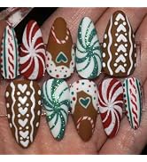 30Pcs Christmas Press on Nails Almond Medium Fake Nails with Red Green Candy Stripe Heart Design ...