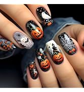 24 Pcs Halloween Press on Nails Medium Square Nail Tips,YEFIUO Acrylic Nail Kit Black Fake Nails ...
