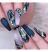 MERVF Coffin Press on Nails Long Fake Nails Deep Blue Ombre Glue ons 3D Rhinestones Handmade Ball...