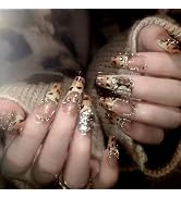 MISUD Press on Nails - Long Coffin Fake Nails with Fall Brown Cheetah, Acrylic Rhinestone Design ...