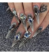 MISUD Press on Nails - Long Stiletto Fake Nails with Goth Black Ombre, Acrylic Rhinestone Design ...