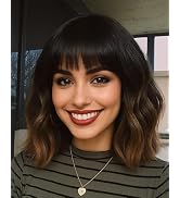 Ombre Black Brown Wig with Bangs for Women 12inch Short Bob Wavy Curly Hair Wigs Heat Resistant H...