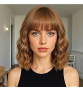 Ombre Brown Highlights Blonde Wig with Bangs for Women 12inch Short Honey Brown Bob Wavy Curly Ha...