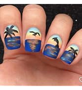 Sea Waves Press on Nails Short Square False Nails with Coconut Palms Designs Whale Stick on Nails...