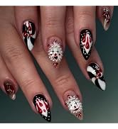 MERVF Halloween Press on Nails Medium Almond, Red Blood Joker Goth Fake Nails, Swirls Glue ons Ac...