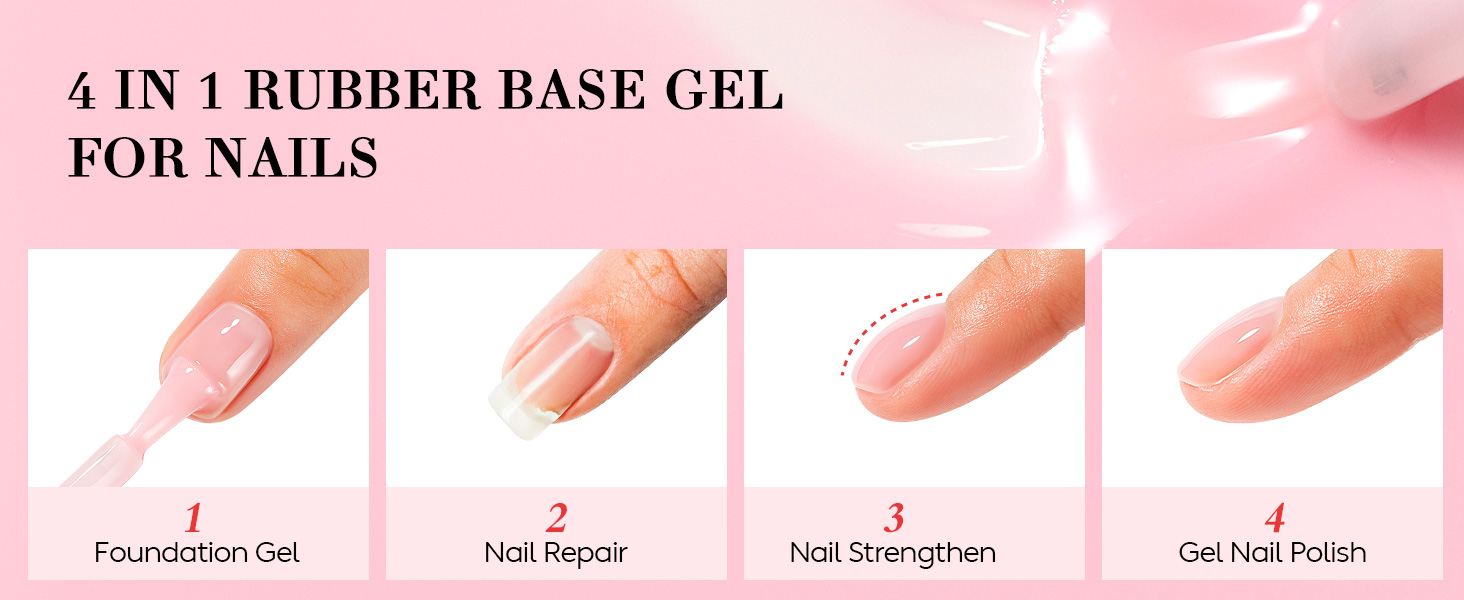 4-in-1 rubber base gel for nails. Four-step process shown: foundation gel, nail repair, nail strengthen, and gel nail polish. Pink-tinted product demonstrated on fingernails.