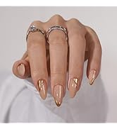 BTArtbox Press On Nails Almond - Medium Glue On Nails with 3D Sculpting Metallic Design, Supremel...