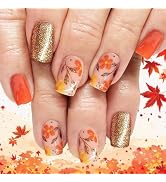 24Pcs Sparkly Leaf Press on Nails Glossy Gold Glitter Acrylic Fake Nail Fall Leaves Stick on Fing...