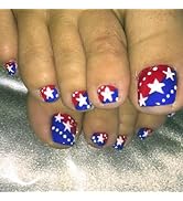 4th of July Press on Toenails Short Square Fake Toenails with Stars Designs Glossy Toe Nail Press...