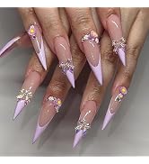 Long Press on Nails Almond Fake Nails Purple French Tip False Nails with 3D Flower Bow Design Sti...