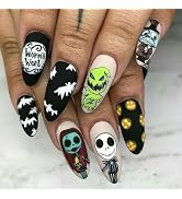 Halloween Press on Nails Medium Almond Fake Nails Full Cover Nightmare Before Christmas False Nai...