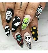 Halloween Press on Nails Medium Almond Fake Nails Full Cover Nightmare Before Christmas False Nai...
