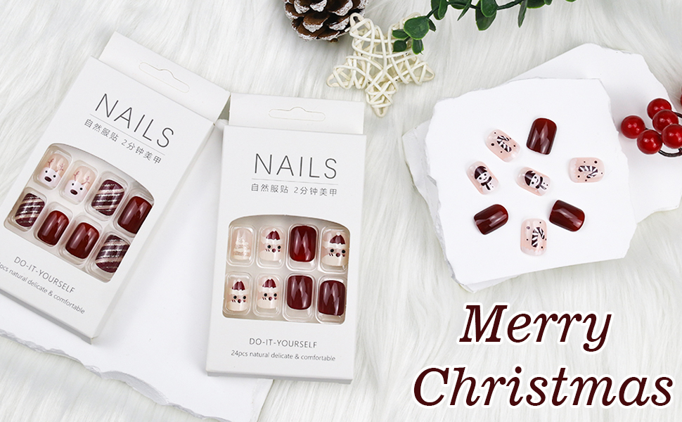 Christmas Press on Nails Medium Short Square, Elk Fake Nails with Design Red Glitter Acrylic 