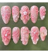 24Pcs Pink Press on Nails Medium Almond Fake Nails with 3D Flower Butterfly Designs Stick on Nail...
