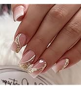 Press on Nails Medium Square Fake Nails Gold Glitter False Nails with Design Heart Curve Glue on ...