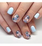 Blue Press on Nails Short Fake Nails Square Glue on Nails Cute Full Cover Nails Press ons Flowers...