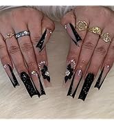 MISUD Press on Nails Long Square Fake Nails Glossy Glue on Nails Bling Black Glitter French Tip A...